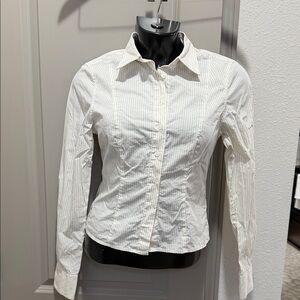 Good American cream tan brown pinstriped button shirt top blouse S